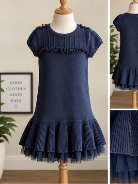 GapKids Girls Navy Knit Ruffle Tulle Hem Dress Size L 10